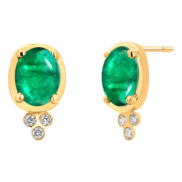 14k Yellow Gold Colombian Cabochon Emerald and Diamond Drop Bezel Set Earrings, A Pair For Sale