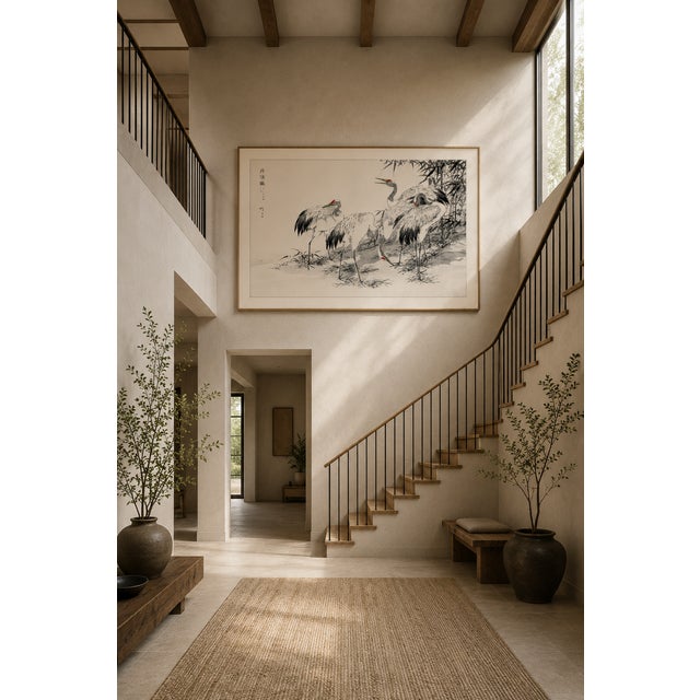 Paper Japanese Cranes Among Bamboo, Vintage Japanese Art Print Reproduction, 36" X 24" For Sale - Image 7 of 12