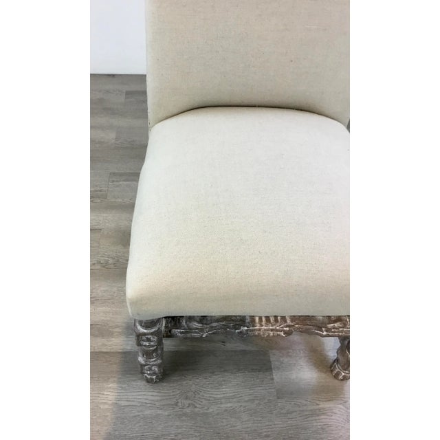 Transitional High Back Carved Wood Beige Linen Dining Chairs Set of Four For Sale - Image 4 of 9