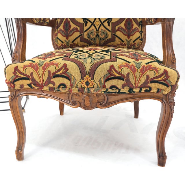 Wood Pair of His & Hers Finely Carved Walnut Country French Lounge Armchairs Tapestry For Sale - Image 7 of 16