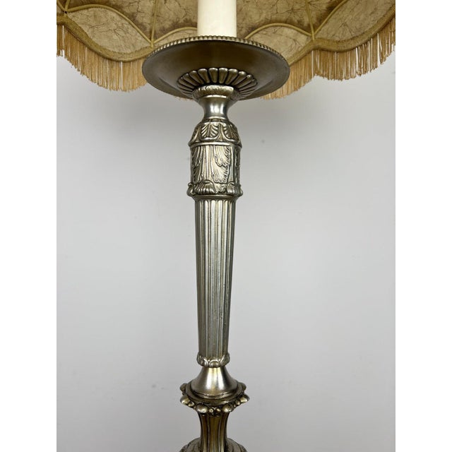 Silver Vintage French Ornate Metal Standing Lamp with Tassel Shade For Sale - Image 8 of 12