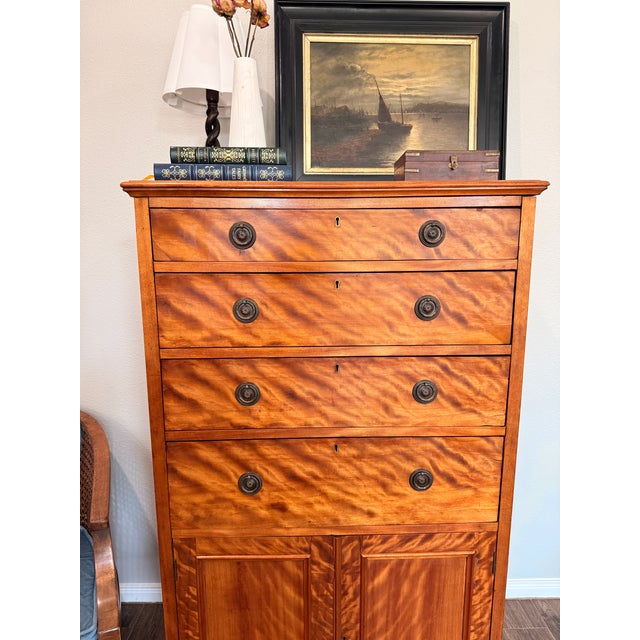 Antique Tiger Maple Gentleman’s Chest of Drawers Late Victorian Curly Maple Chiffonier Refinished Fiddleback Wood Tallboy Cabinet 53" For Sale - Image 9 of 16
