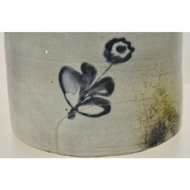 Folk Art Antique Stoneware Salt Glazed 9" Round Pottery Crock Pot With Blue Flower For Sale - Image 3 of 11