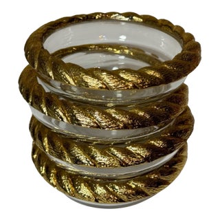 Set of 4 Vintage Hollywood Regency Gold/Brass Plated Rope Twist Rim Glass Coasters For Sale