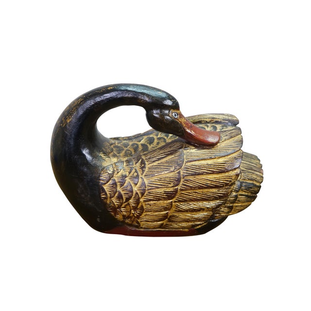 Chinoiserie Pair Mid Century Chinese Lacquered Carved Hardwood Swan Sculptures Decoy 13" For Sale - Image 3 of 12