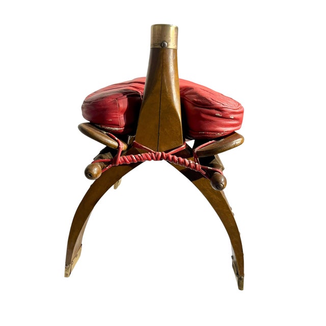 Red Vintage Camel Saddle Stool With Red Cushion | Folk Art Southwestern Accent Seat For Sale - Image 8 of 18