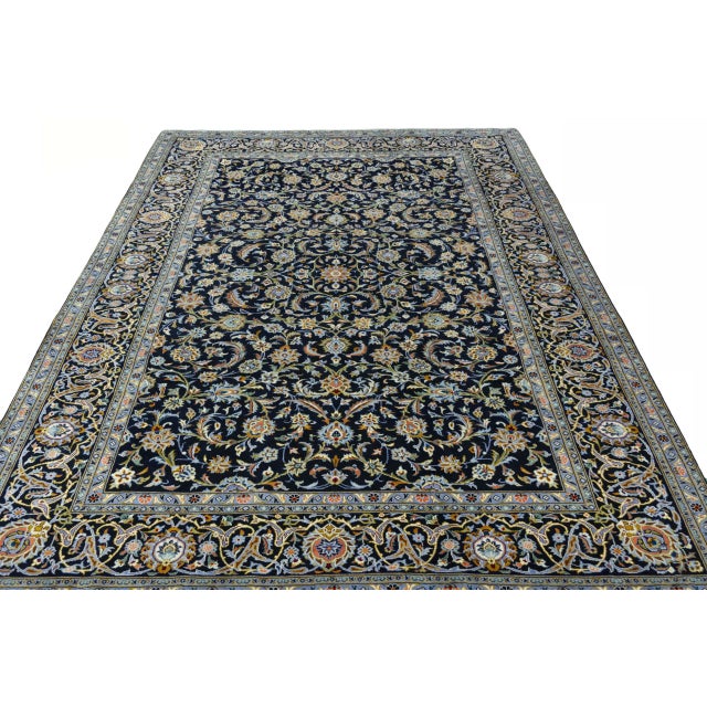 Hand-Knotted Kashan Rug with Dark Blue with Floral Patterns For Sale - Image 4 of 13