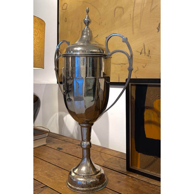 1980s Large Vintage Silver Plate Trophy Urn With Lid, Sculptural Decorative Object For Sale - Image 5 of 7