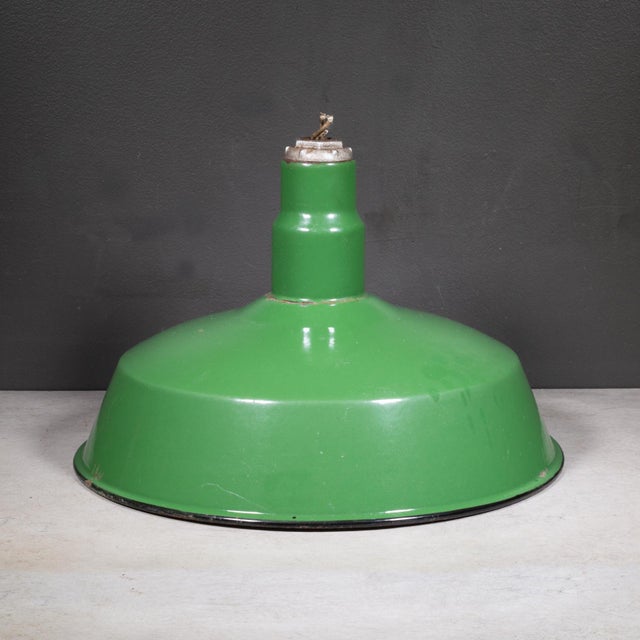 Mid 20th Century Set of Two Benjamin 16" Enameled Porcelain Green Industrial Pendant Lights c.1950 For Sale - Image 5 of 11