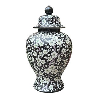 Vintage Asian Black Lidded Ginger Jar With Prunus Cherry Blossoms - 15” Tall For Sale