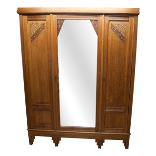 Art Deco Carved Oak Wardrobe, 1934 For Sale