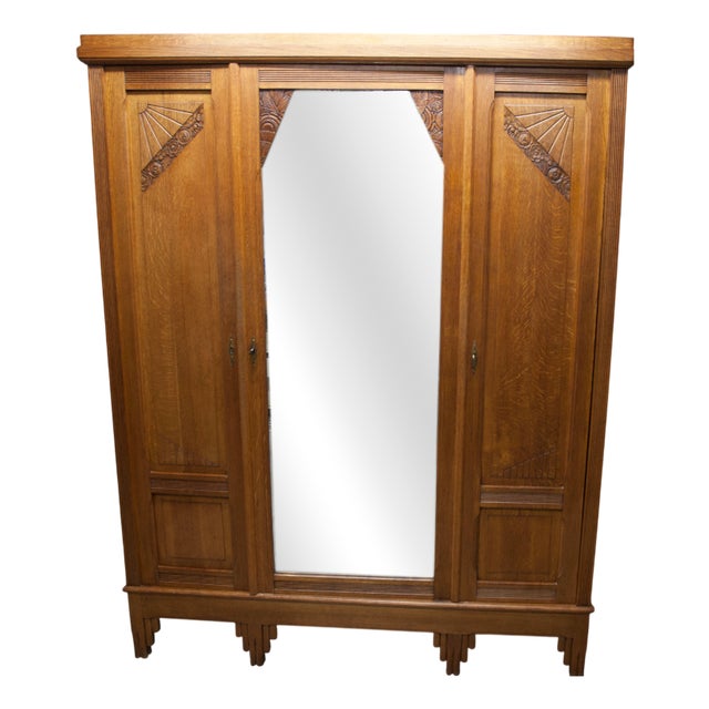 Art Deco Carved Oak Wardrobe, 1934 For Sale
