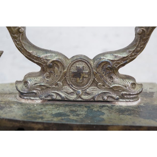 Antique Lion Head Delphin Dolphin Coal Brazier Clothing Iron & Trivet 9" For Sale - Image 6 of 18