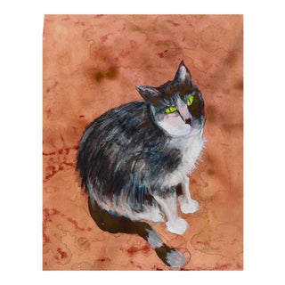 "Green Eyes Kitty" Contemporary Pastel and Ink Drawing by Martha Holden For Sale