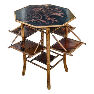 French Tiger Bamboo Chinoiserie Tea Table With Folding Shelves For Sale