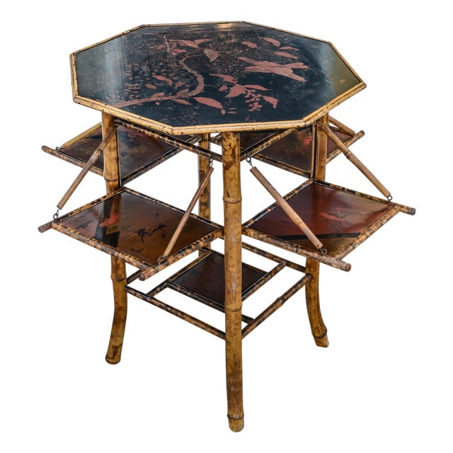 French Tiger Bamboo Chinoiserie Tea Table With Folding Shelves For Sale