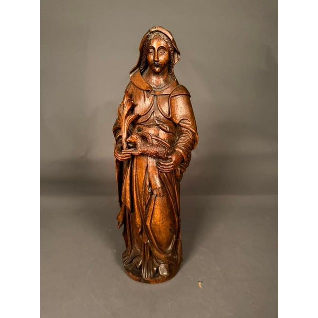 Wood Early 19th Century Flemish Hand-Carved Oak Statue of Saint Agnes, Circa 1820 For Sale - Image 7 of 16