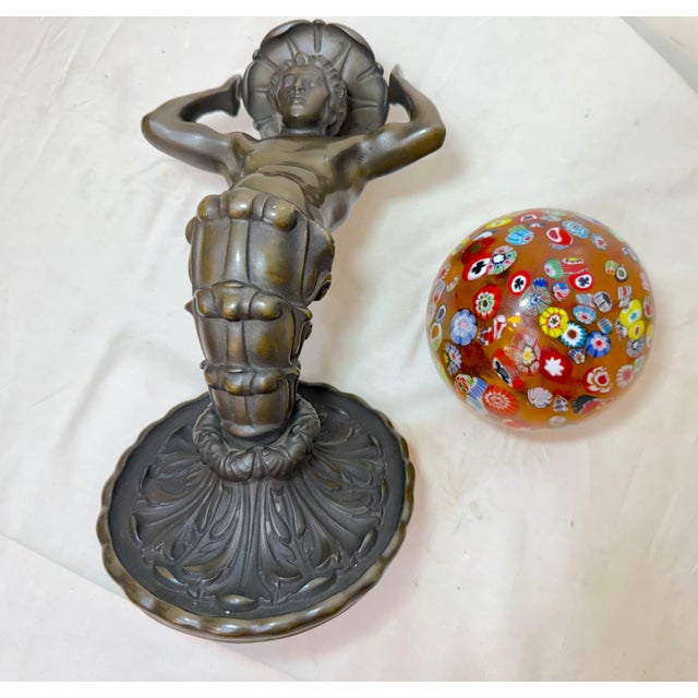 Antique Figural Patinated Bronze Man Wall Sconce Fixture Millefiori Glass Shade For Sale - Image 12 of 17