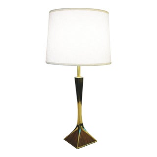 1970s Laurel Mid Century Modern Pyramid Brass Wood Table Lamp Montagna Grillo Tonello Italy High Society For Sale