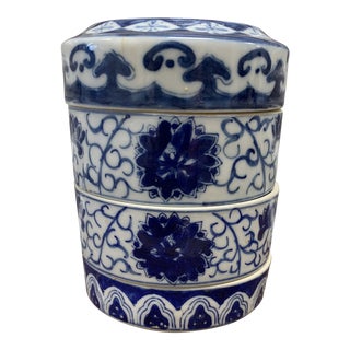Chinoiserie Blue and White Qing Dynasty 3tier Storage Box For Sale