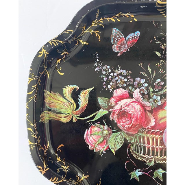Vintage Metal Tray Manufacturing Company Black Tray With Flowers and