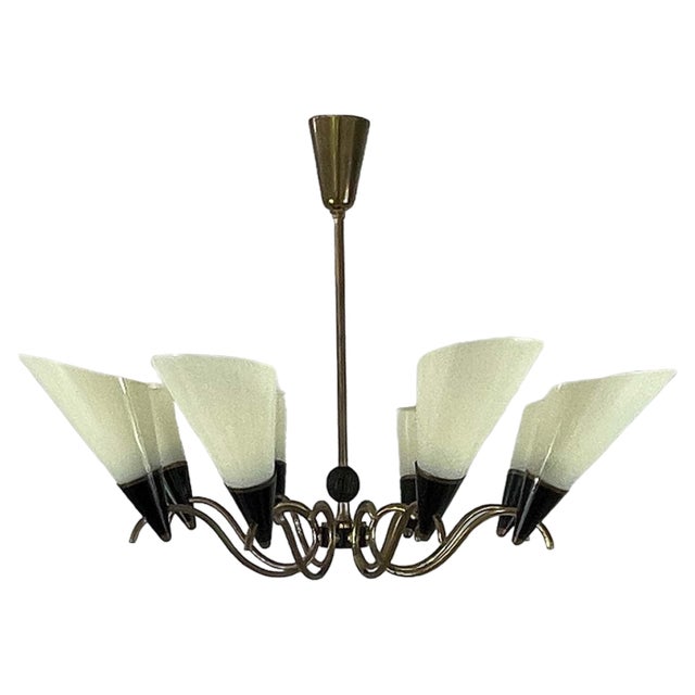 Scandinavian Opaline Glass and Brass Chandelier, 1950s For Sale