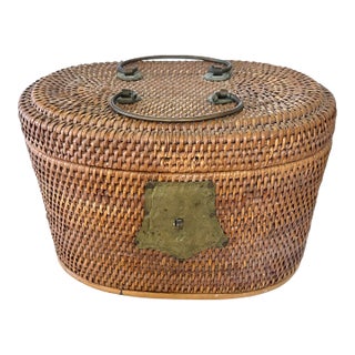 1920s Chinese Wicker and Brass Lunch Basket For Sale