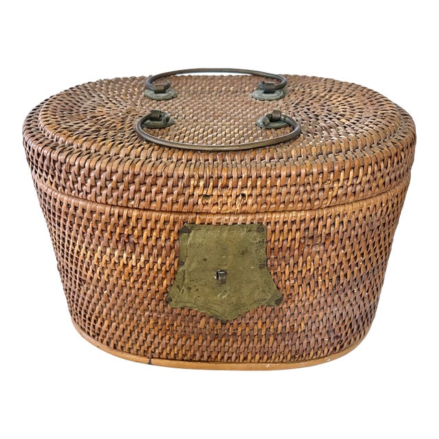1920s Chinese Wicker and Brass Lunch Basket For Sale