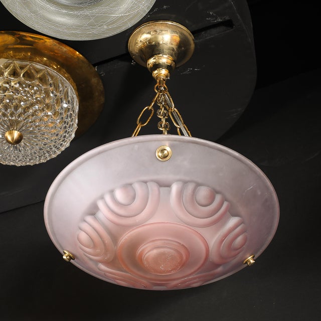 Art Deco Frosted Geometric Rose Glass Brass Fitted Pendant Chandelier For Sale - Image 11 of 17