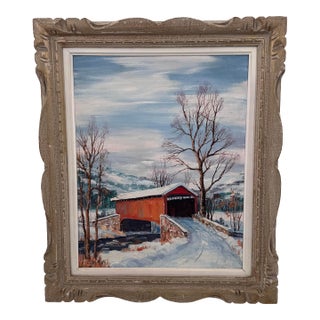 Clarence I. Dreisbach Covered Bridge Winter Oil Painting 26x22 For Sale