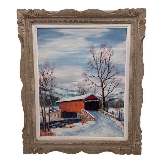 Clarence I. Dreisbach Covered Bridge Winter Oil Painting 26x22 For Sale