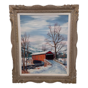 Clarence I. Dreisbach Covered Bridge Winter Oil Painting 26x22