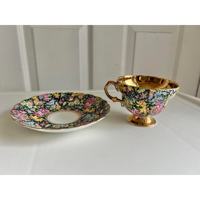 1940s Rosina Black & Gold Chintz Tea Cup and Saucer For Sale - Image 4 of 8