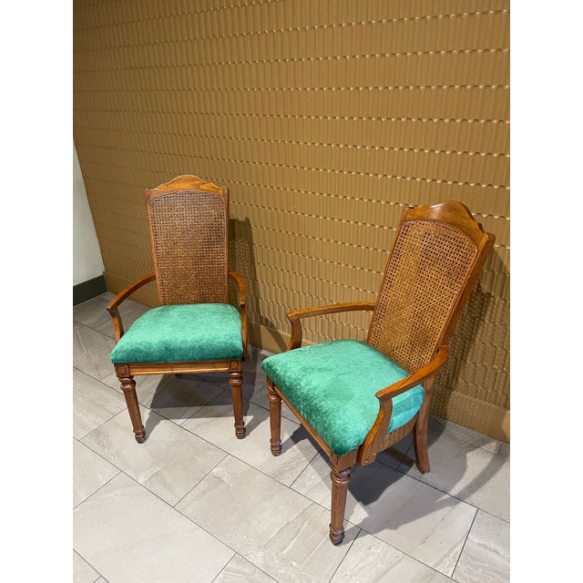 Pair of Mid-Century Transitional Cane Back Armchairs in Everfast Billaird Green Chenille (Thomasville Ceremony Style) - Set of 2 For Sale - Image 9 of 12