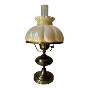Vintage Oil Style Brass Base Milk Glass Shade Table Lamp