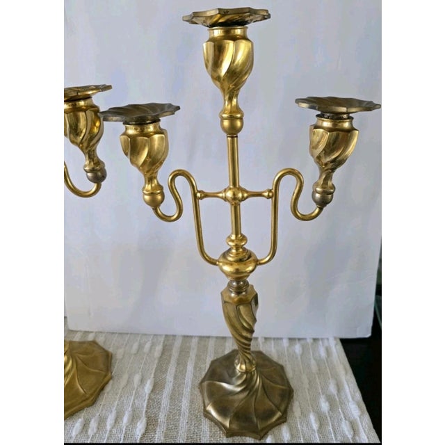 Mid 20th Century Two Vintage 3 Light Brass Metal churchAltar Candelabra Candlesticks 18" Decor For Sale - Image 5 of 12