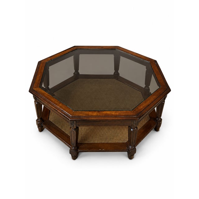 Late 20th Century Vintage Hexagonal Wood, Smoked Glass and Cane Coffee Table For Sale - Image 5 of 10
