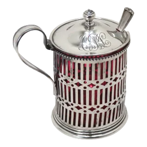 Antique American Sterling Silver & Cranberry Glass Mustard Pot & Spoon Circa 1890s