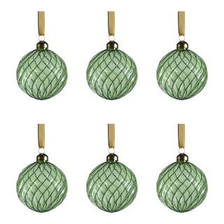 Swirl Glitter 3.25" Green Glass Ball Ornaments, Set of 6 For Sale