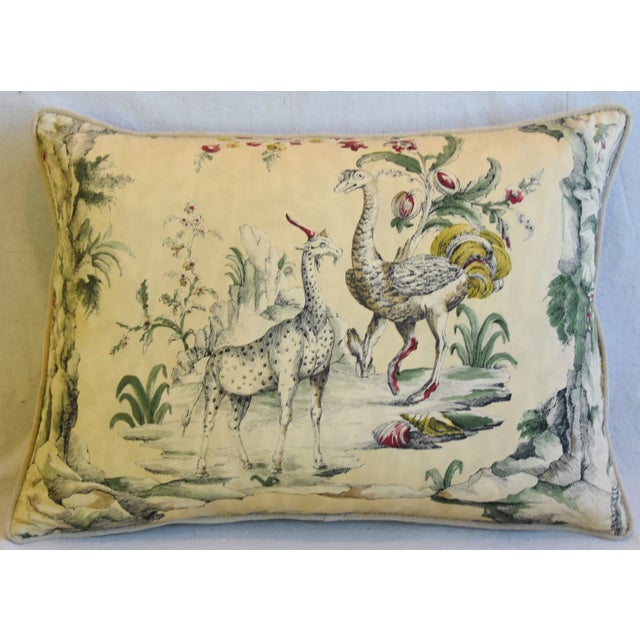 Custom-tailored pillow in Brunchwig & Fils Lorenzo Rubelli "La Menagerie" printed cotton fabric depicting beautiful...
