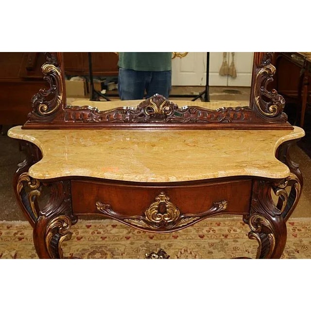1980s Mahogany Louis XV French Style Marble Top Console With Mirror For Sale - Image 9 of 10