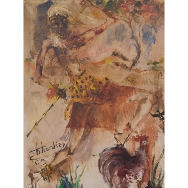 African Dancing Warrior with Cockerel, Mid-20th Century, Oil on Canvas For Sale - Image 13 of 13
