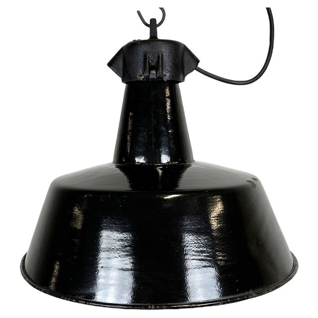 Industrial Black Enamel Factory Lamp with Cast Iron Top, 1960s For Sale