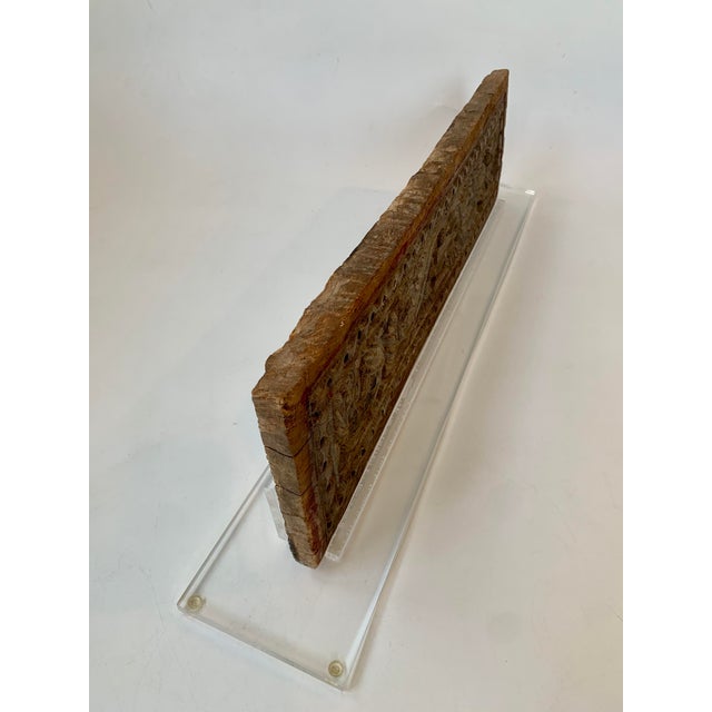 Antique Peacock Carved Wood Panel Bird Panel on Custom Lucite Base. Wood panel measures 29 x 8 x 1" (lucite base extends a...