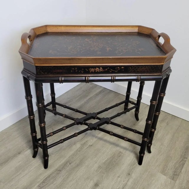 Pennsylvania House Regency Revival Faux Bamboo Tray Table With Hand-Painted Floral Top For Sale - Image 11 of 12