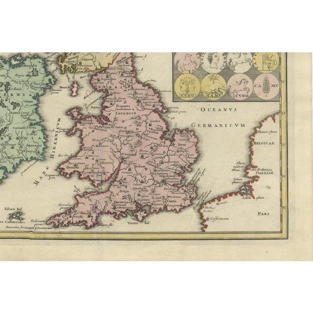 Paper Britain and Ireland Map with Roman and British Coins, Weigel, 1718 For Sale - Image 7 of 11