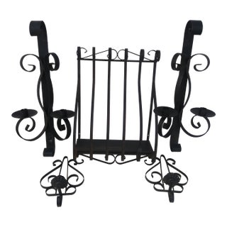 Set of 5 Vintage Wrought Iron Wall Hangings Set Including Large Shelf and Two Pairs of Double Candle Holders For Sale