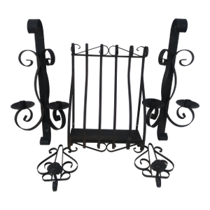Set of 5 Vintage Wrought Iron Wall Hangings Set Including Large Shelf and Two Pairs of Double Candle Holders