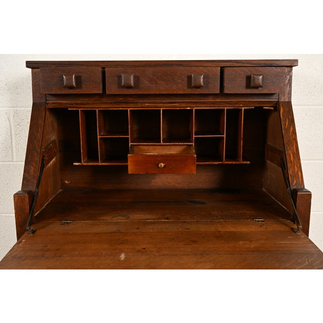 Wood Stickley Brothers Style Antique Mission Oak Arts & Crafts Drop Front Secretary Desk, Circa 1910 For Sale - Image 7 of 17