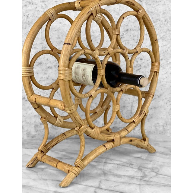 Vintage Coastal Boho Rattan Sculptural Bamboo 7-Bottle Wine Rack For Sale - Image 4 of 7